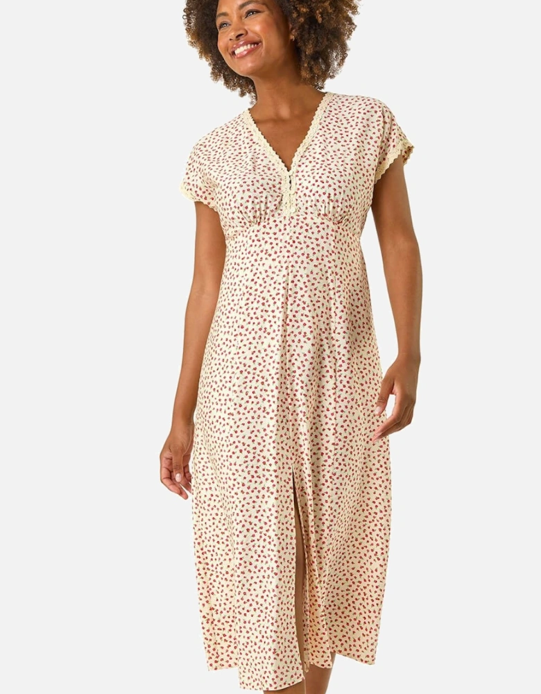 Ditsy Lace Trim Midi Dress