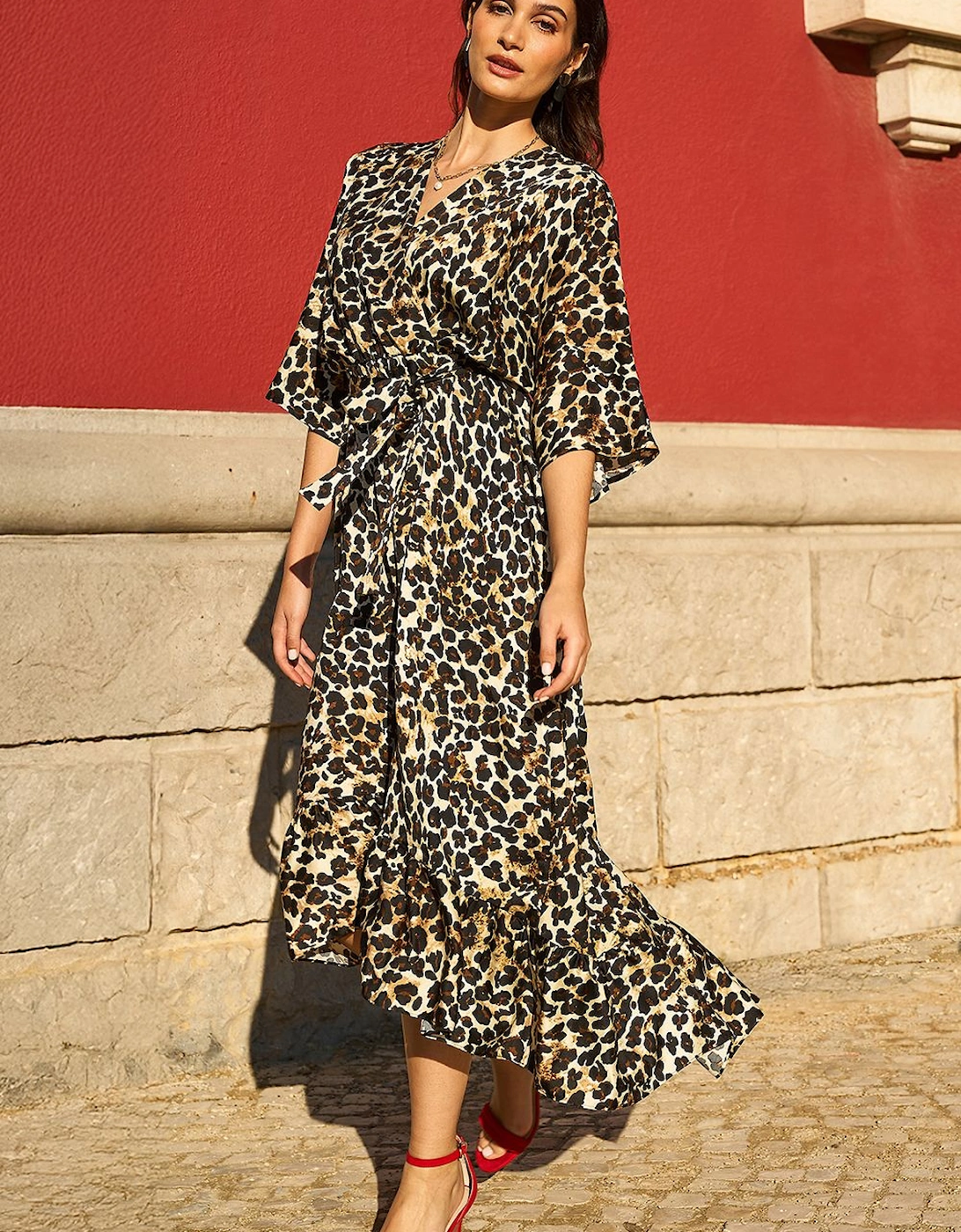 Brown Leopard Midi Wrap Dress With Kimono Sleeves, 2 of 1