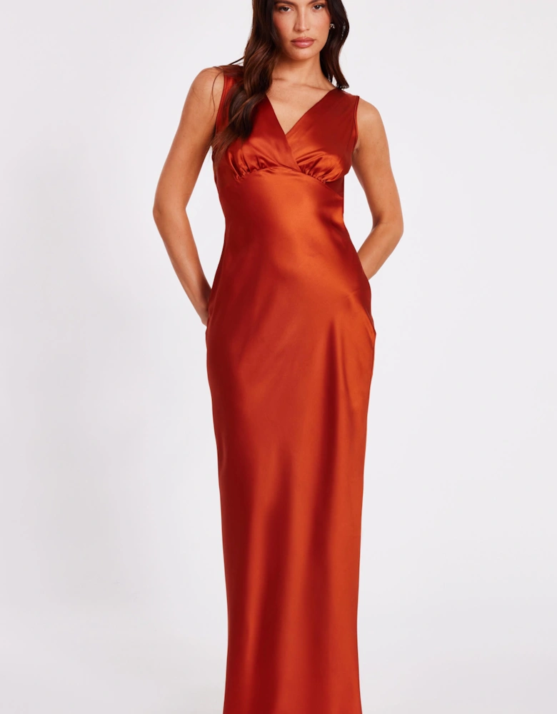 Burnt Orange Satin Cowl Back Maxi Dress