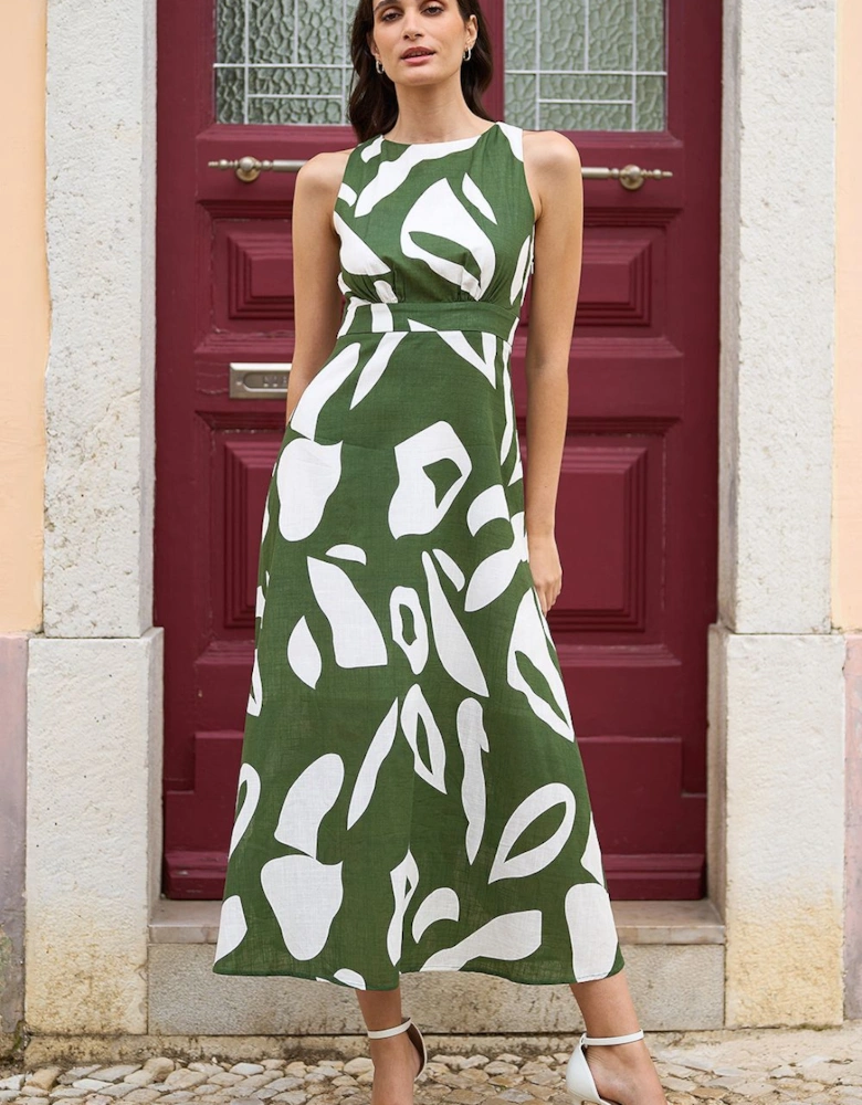 Green Cotton Abstract Print Maxi Dress With Tie Back