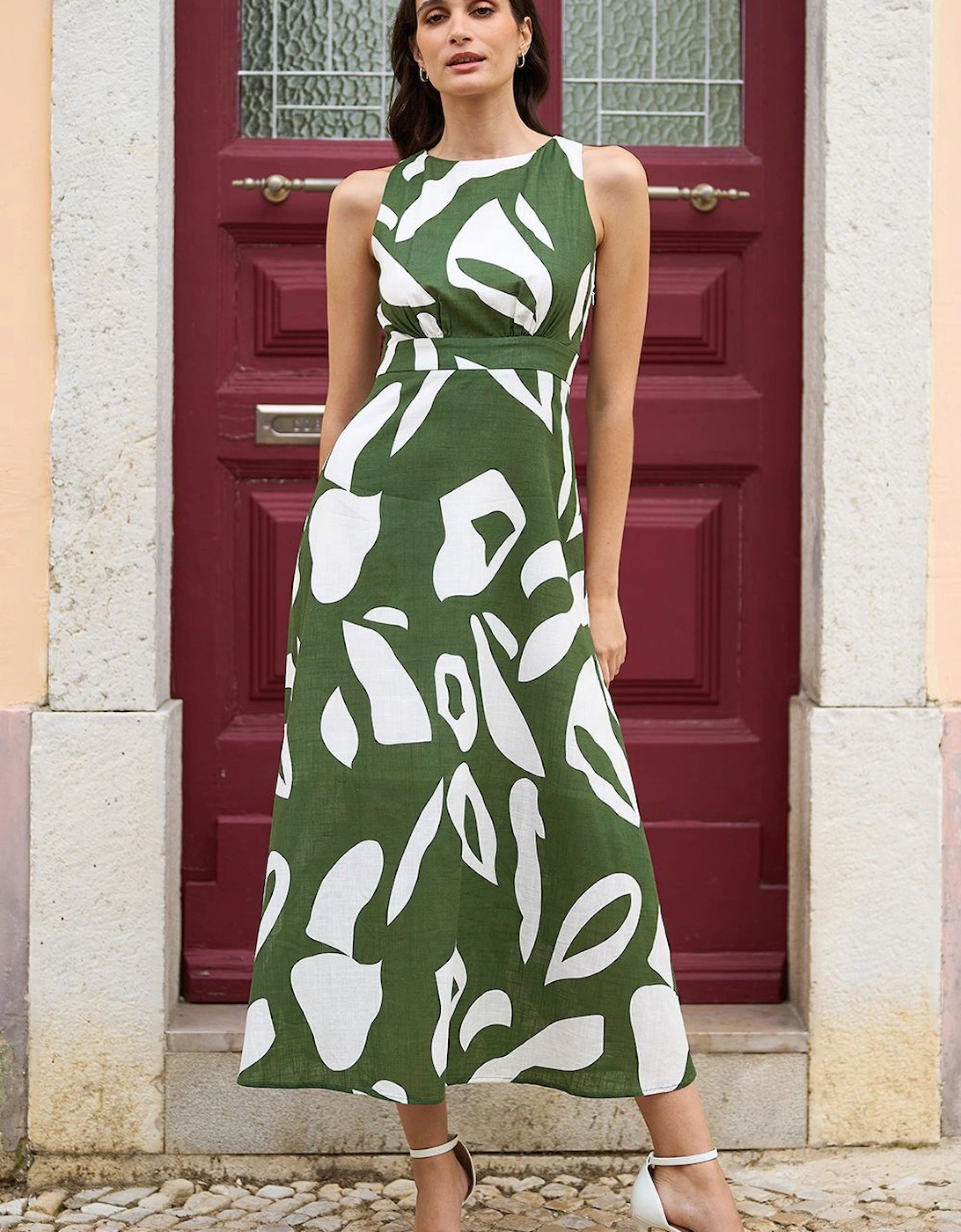 Green Cotton Abstract Print Maxi Dress With Tie Back, 2 of 1
