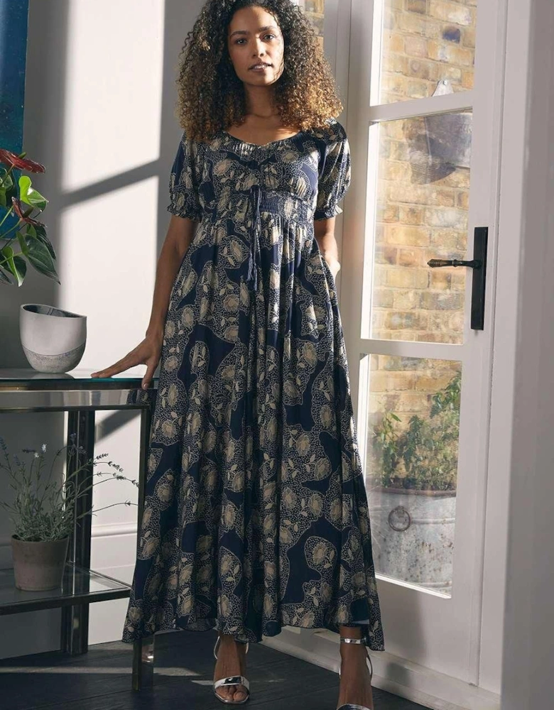 Printed Shirred Waist Maxi Dress