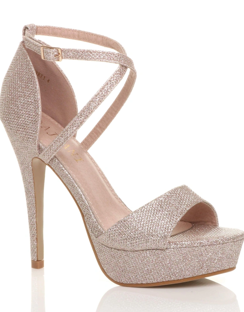 High  Heel Crossed Straps Platform Glitter Mesh 2 Part Heels