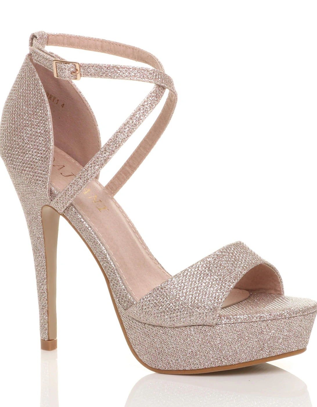 High  Heel Crossed Straps Platform Glitter Mesh 2 Part Heels, 2 of 1