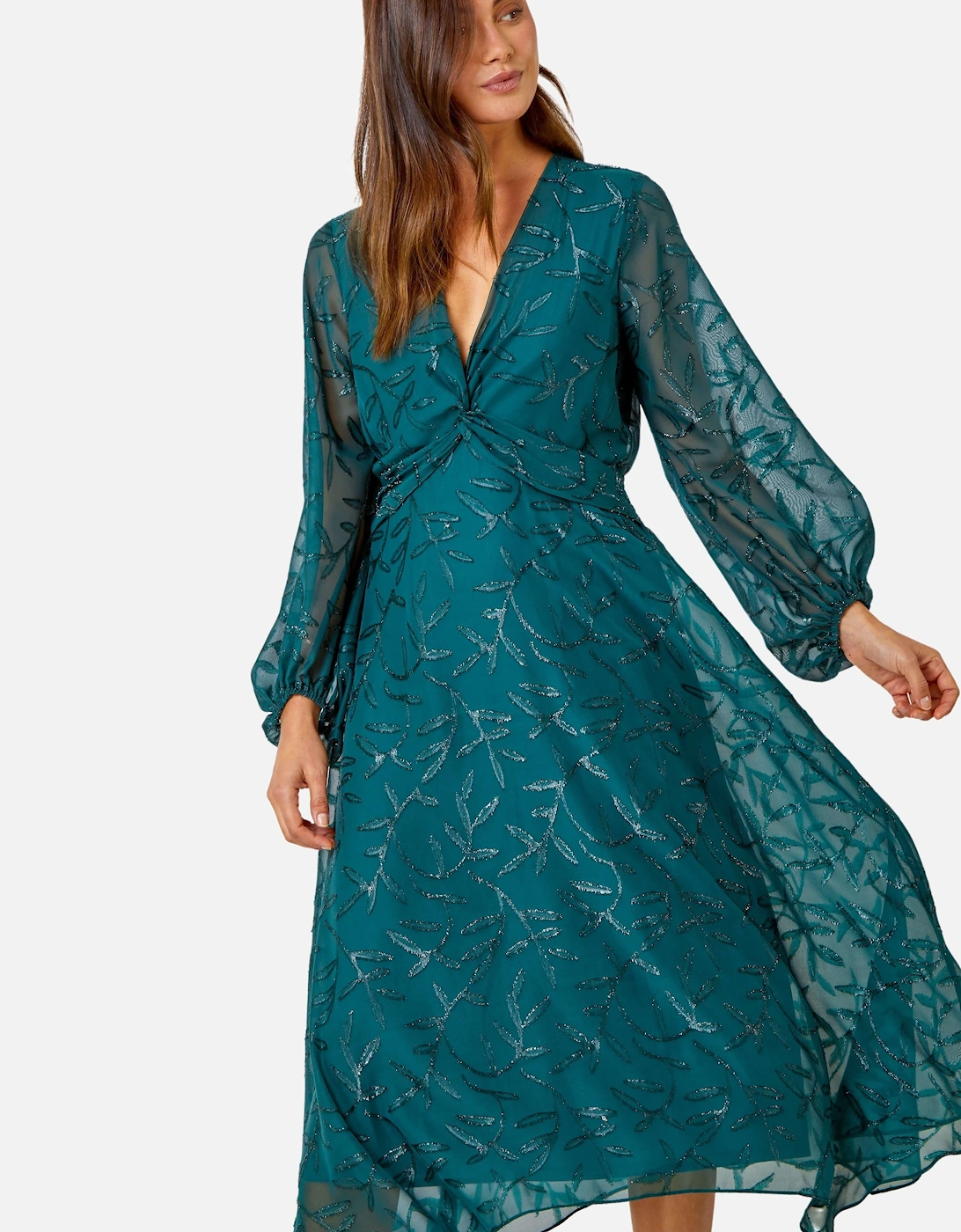 Floral Textured Twist Front Chiffon Midi Dress, 2 of 1