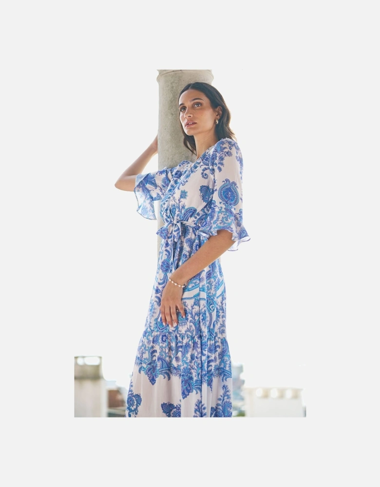 Blue Paisley Wrap Midi Dress With 3/4 Sleeves