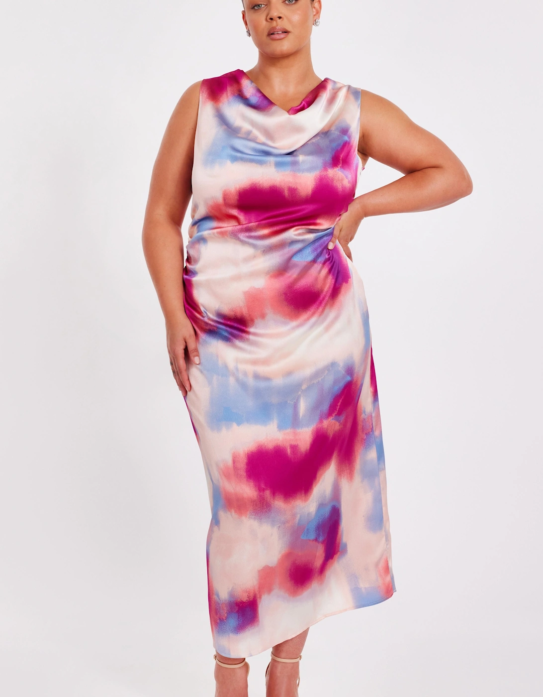 Multi Curve Satin Tie Dye Midi Dress, 2 of 1