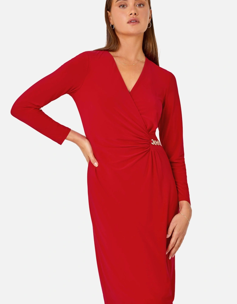 Chain Detail Wrap Stretch Midi Dress