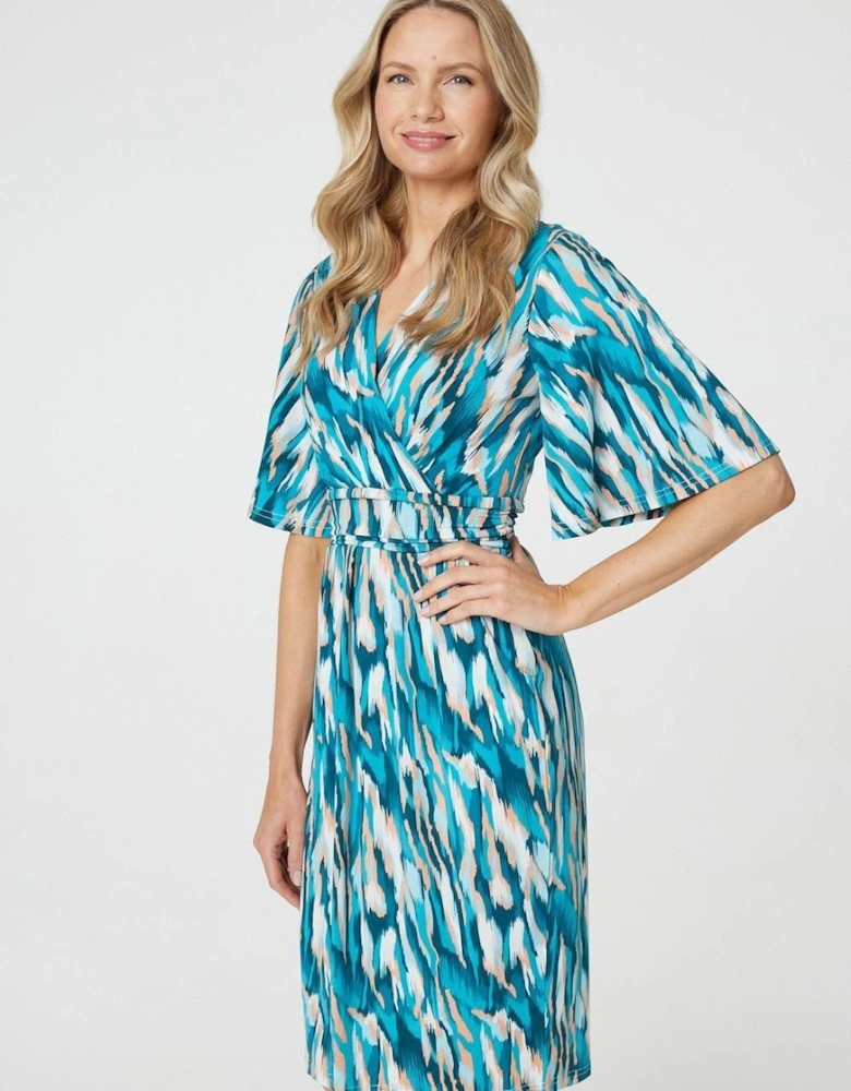 Printed 1/2 Angel Sleeve Faux Wrap Dress