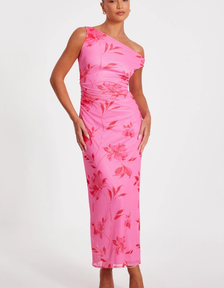 Pink Mesh Floral Print Midaxi Dress