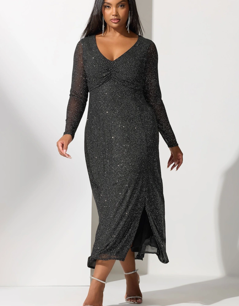Glitter Ruched Front Maxi Dress