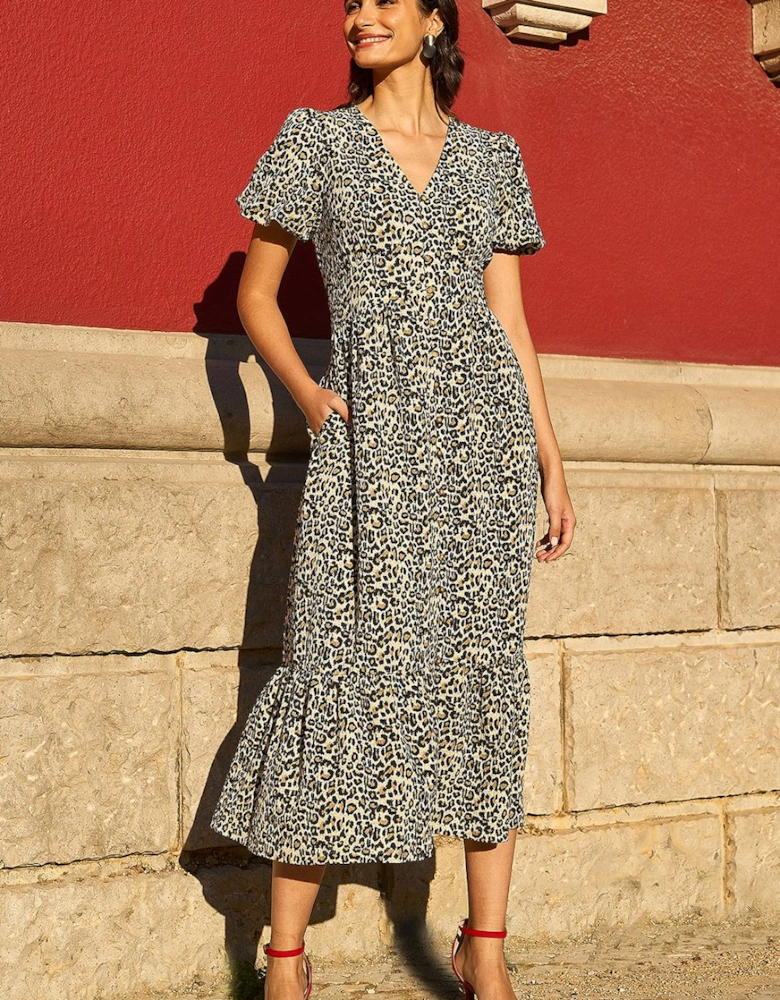 Brown Leopard Print Pleated Button Through Midi Dress