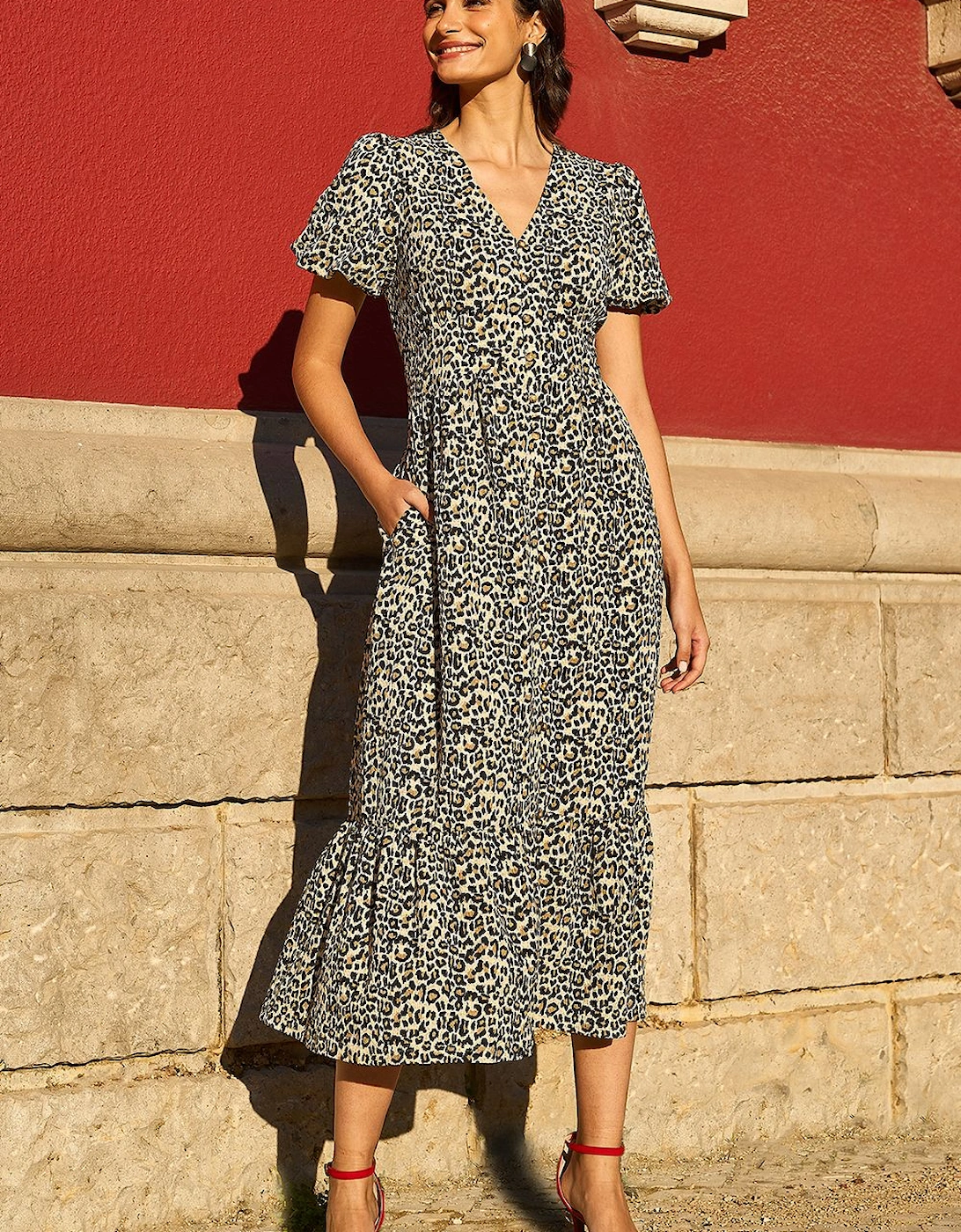 Brown Leopard Print Pleated Button Through Midi Dress, 2 of 1