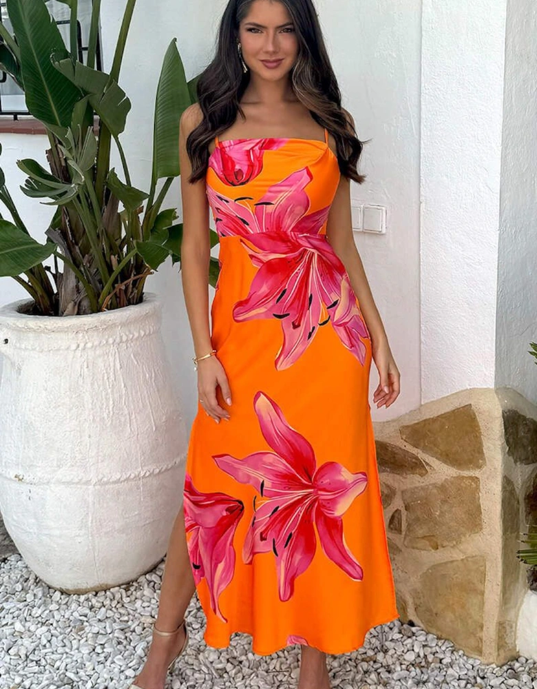 Orange And Pink Floral Print Strappy Slip Midi Dress