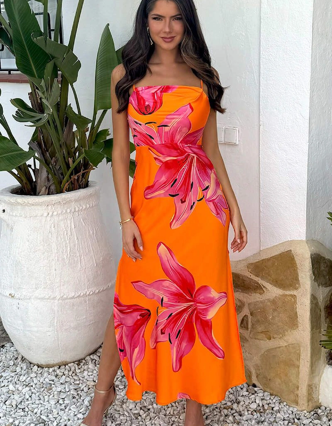 Orange And Pink Floral Print Strappy Slip Midi Dress, 2 of 1