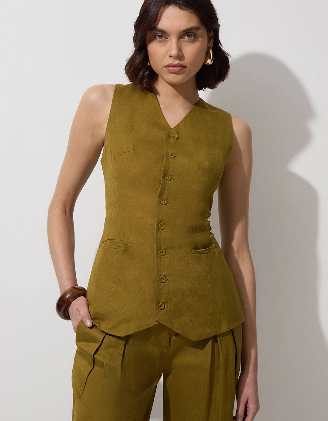 Viscose Linen Woven Longline Waistcoat, 2 of 1