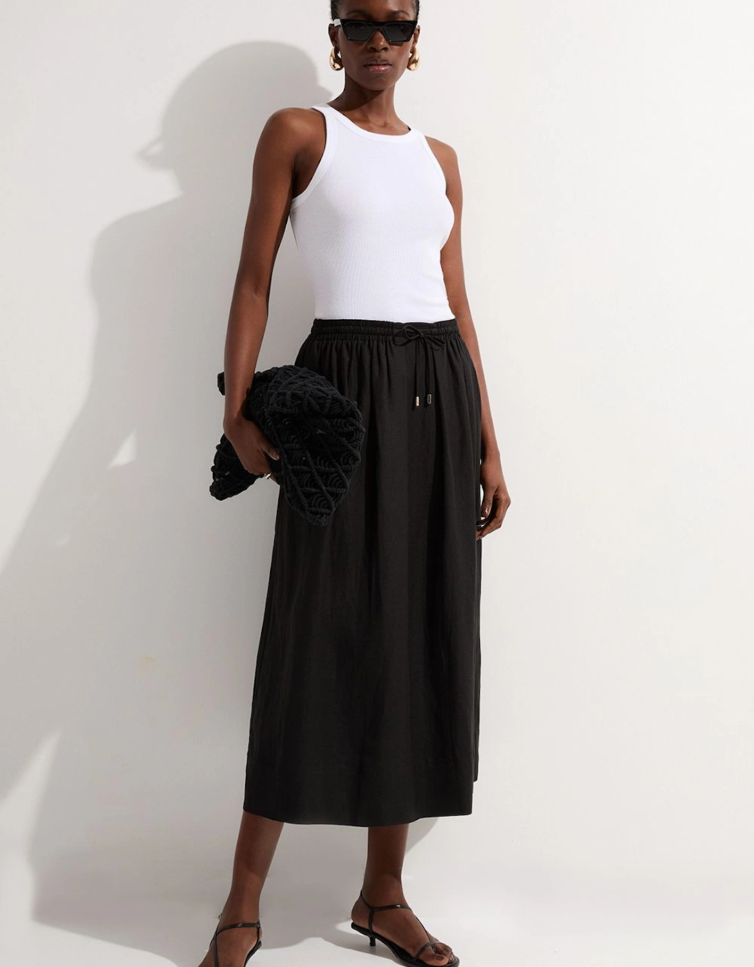Viscose Linen Tie Waist Woven Full Midi Skirt, 2 of 1