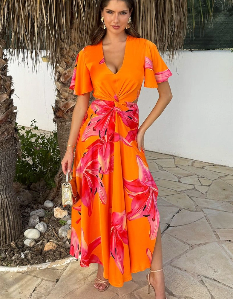 Orange And Pink Floral Print V Neck Cut Out Knot Detail Midi Dress