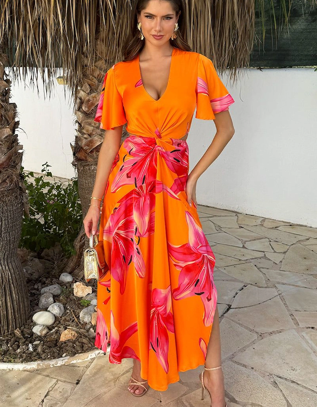 Orange And Pink Floral Print V Neck Cut Out Knot Detail Midi Dress, 2 of 1
