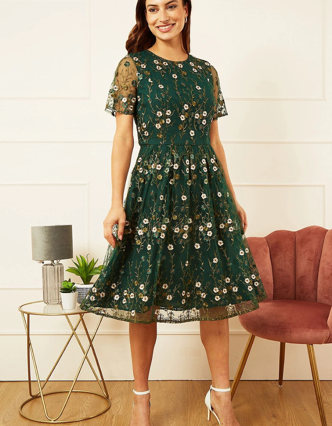 Green Embroidered Floral Skater Dress, 2 of 1