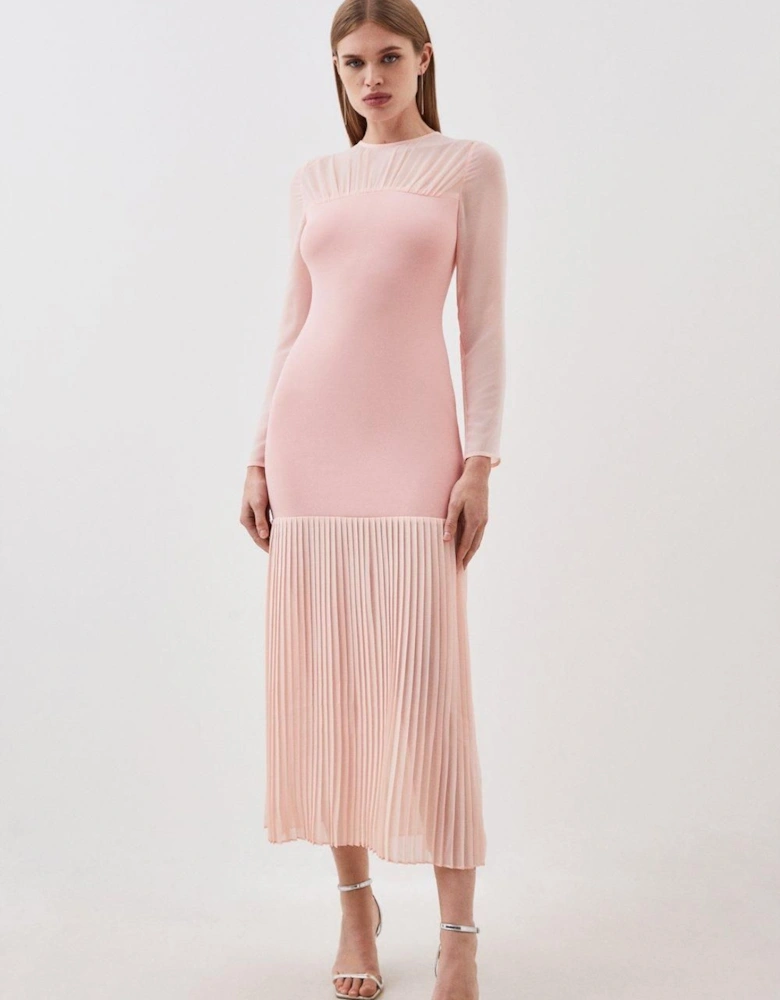 Woven Knit Mix Pleated Midi Dress