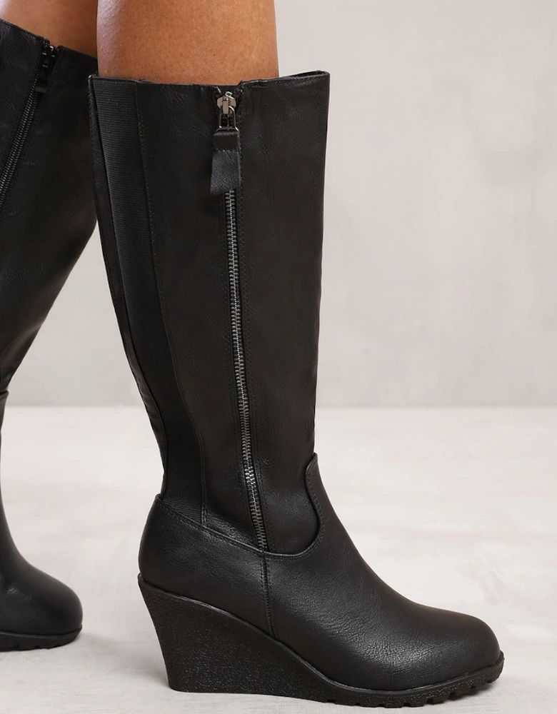 'Effie' Wedge Heel Mid Calf High Boots With Side Zip
