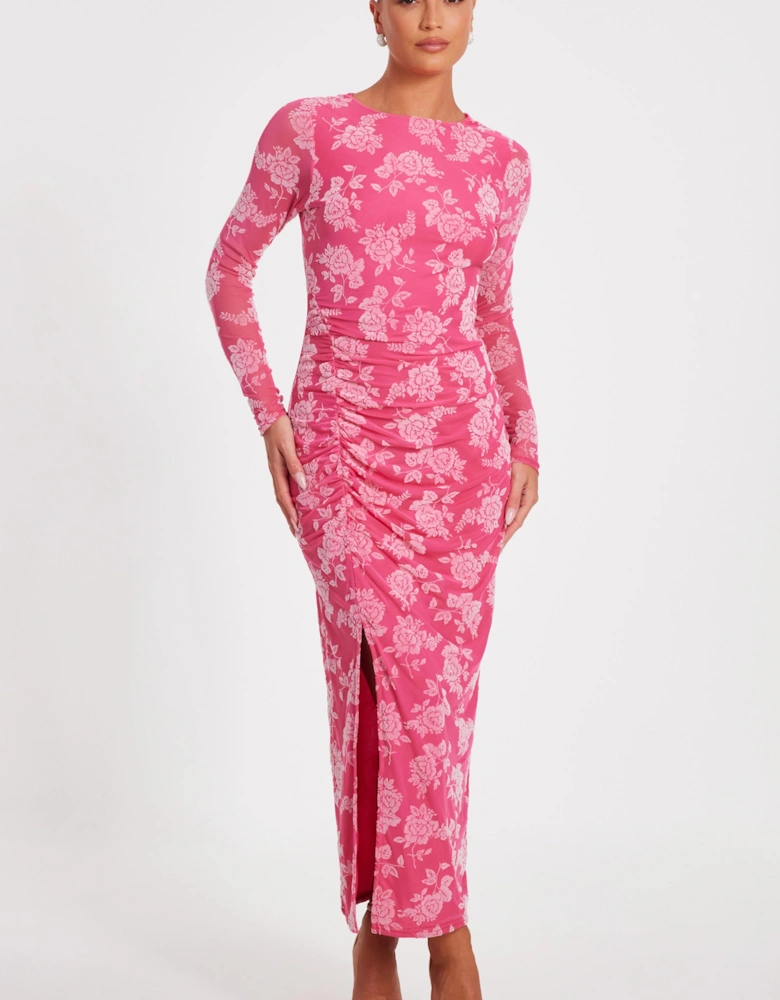 Magenta Mesh Floral Midaxi Dress