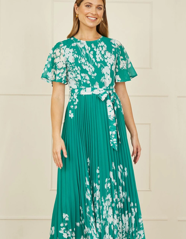 Green Mirror Floral Design Pleated Midi Dress