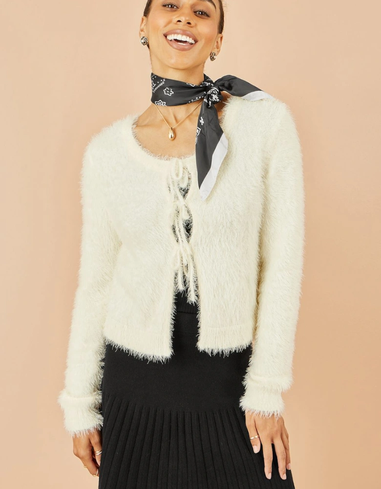 Ivory Eyelash Fluffy Knit Bolero With Tie Front