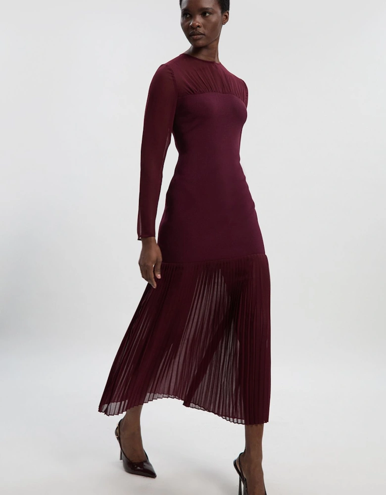 Woven Knit Mix Pleated Midi Dress