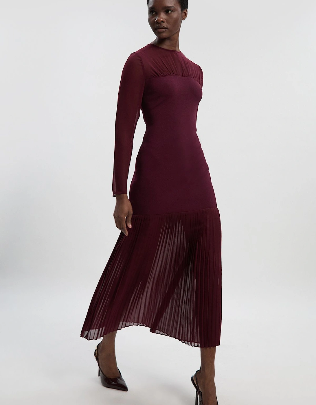 Woven Knit Mix Pleated Midi Dress, 2 of 1