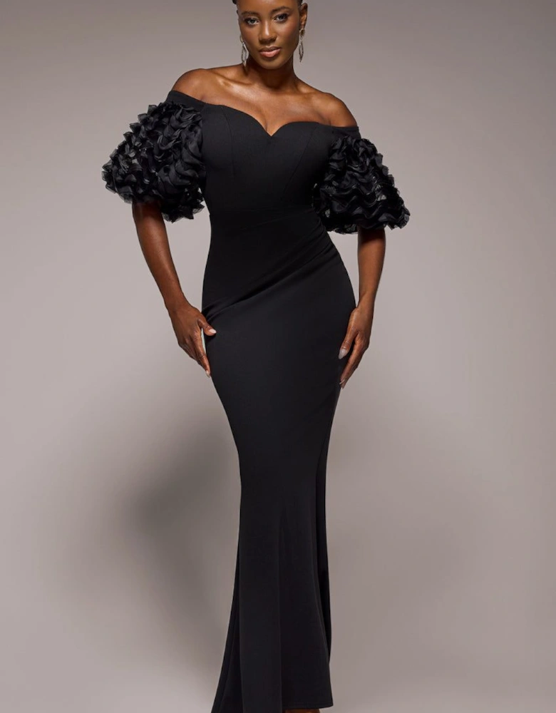 Off The Shoulder 3D Puffed Sleeve Sweetheart Maxi Dress