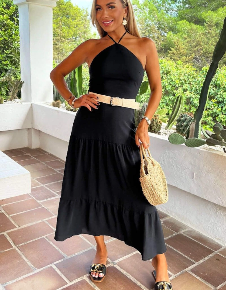 Black Halterneck Straw Belt Tiered Midi Dress