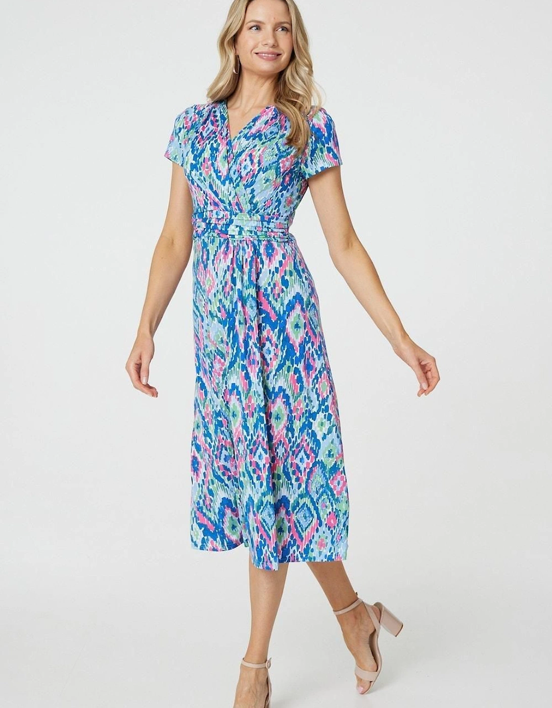 Printed Ruched Faux-Wrap Midi Dress, 2 of 1