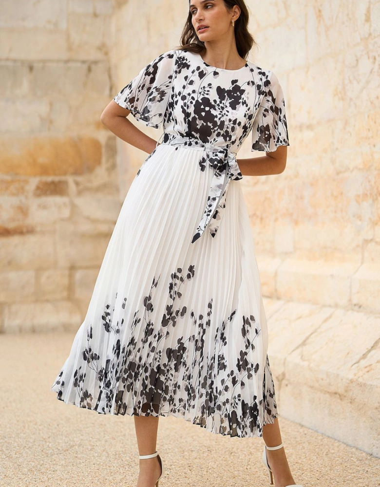 White Mirror Floral Design Pleated Midi Dress