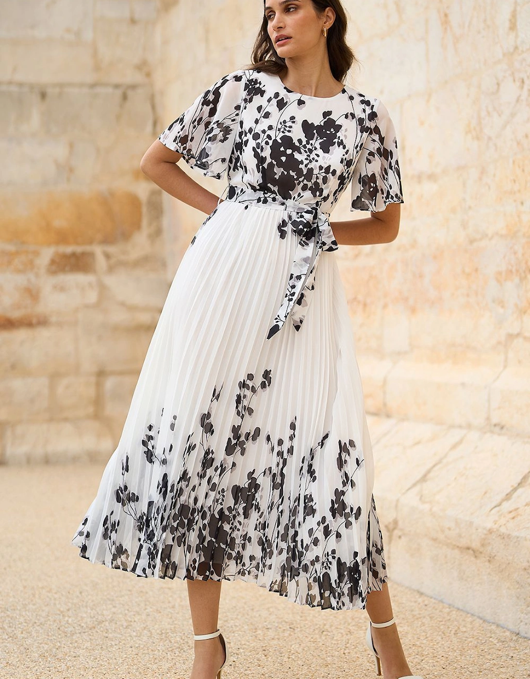 White Mirror Floral Design Pleated Midi Dress, 2 of 1