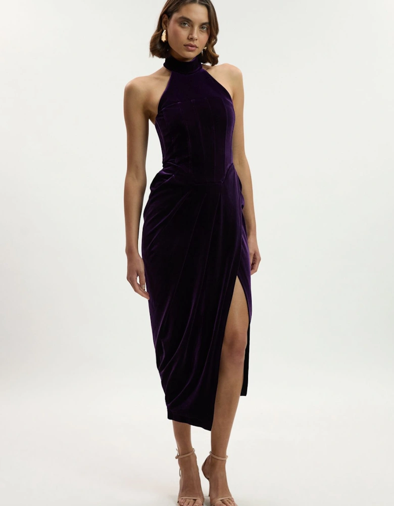 Tailored Velvet Halter Neck Maxi Dress