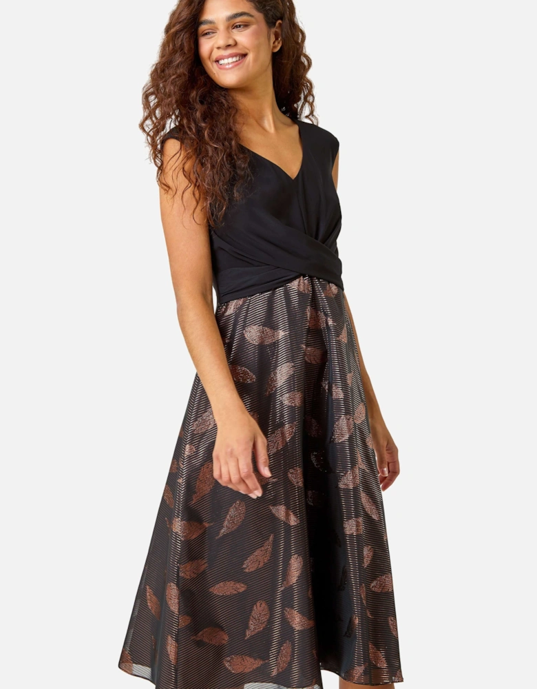 Metallic Feather Print Skater Dress