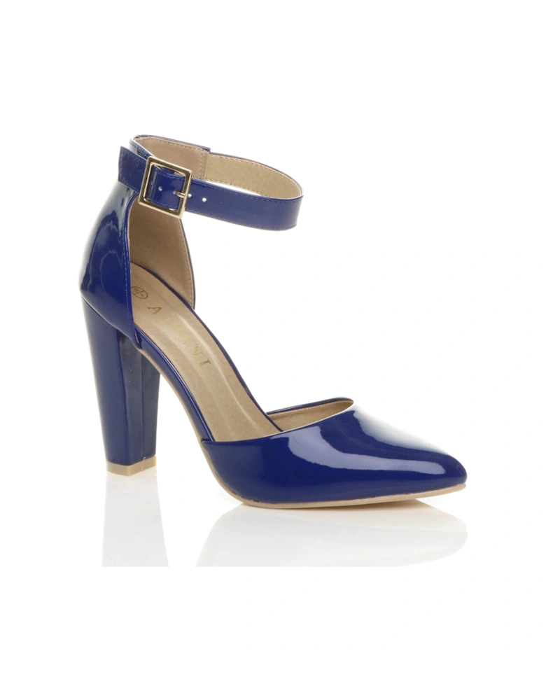 High Block Heel Ankle Strap Pointed Toe Patent 2 Part Heels
