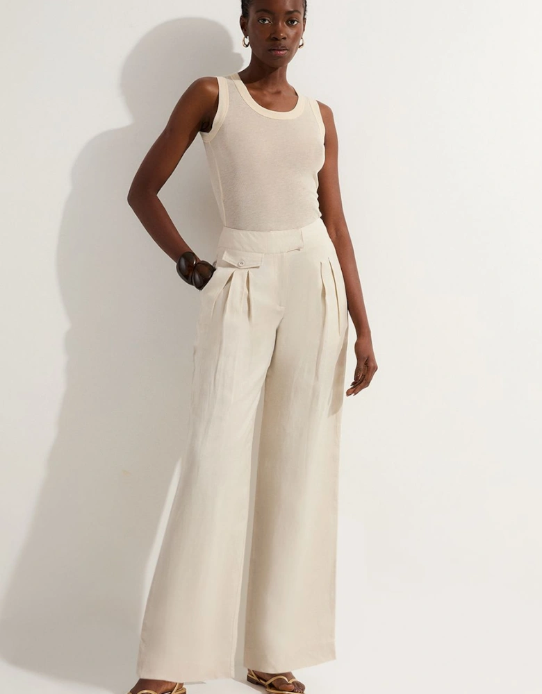 Viscose Linen Pleat And Pocket Detail Woven Straight Leg Trouser