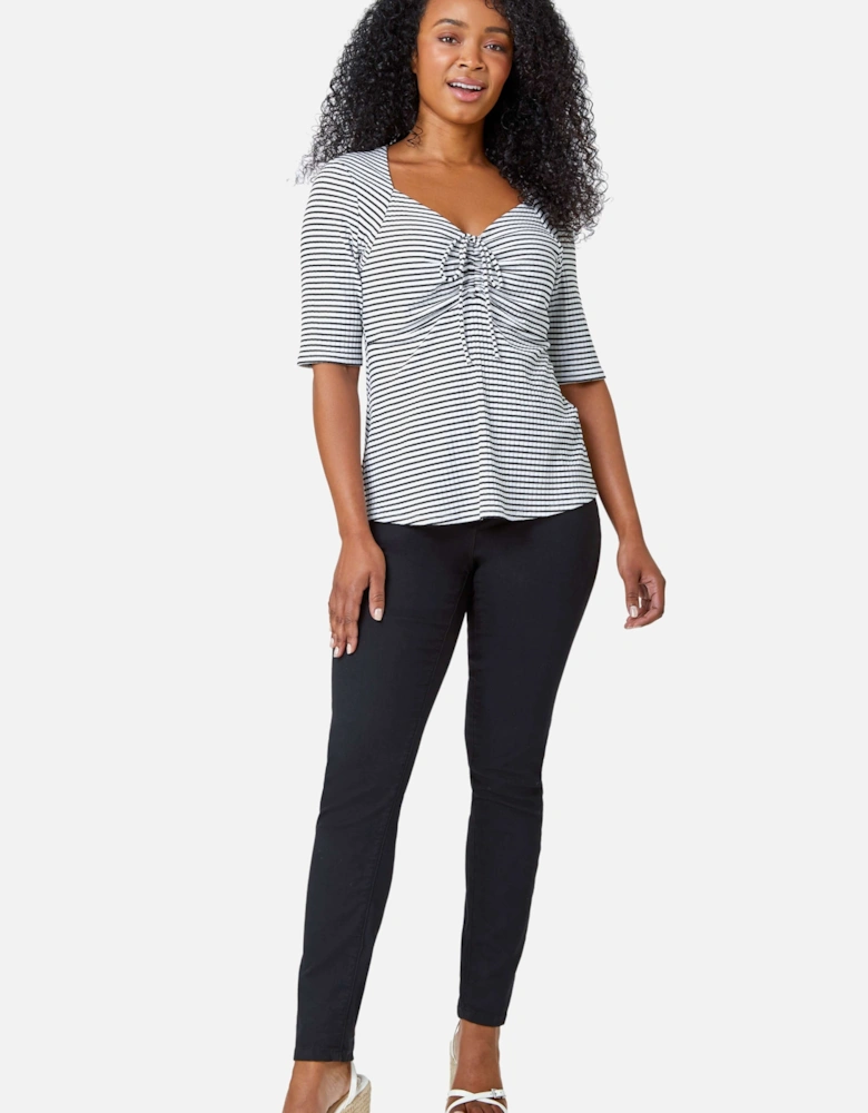 Petite Stripe Ruched V-Neck Stretch Top