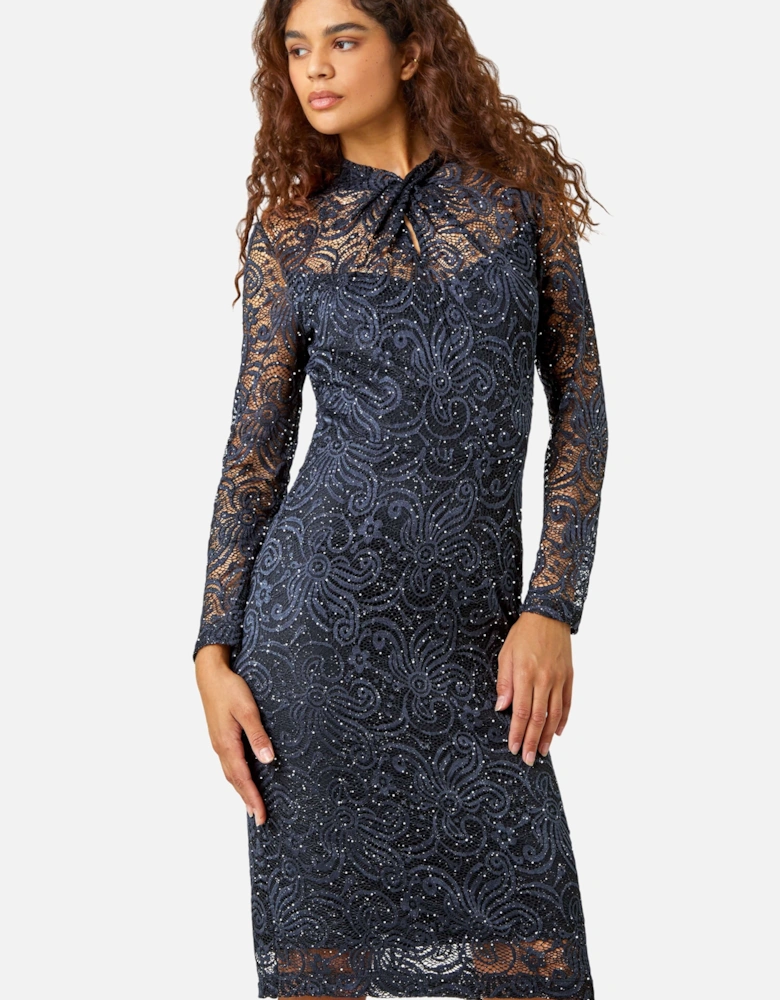 Glitter Lace Twist Neck Stretch Dress