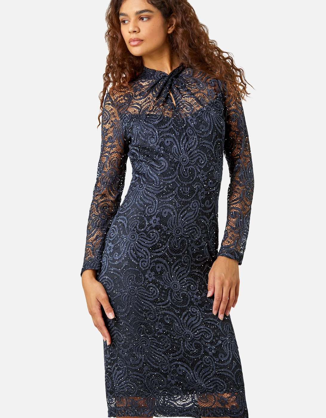 Glitter Lace Twist Neck Stretch Dress, 2 of 1