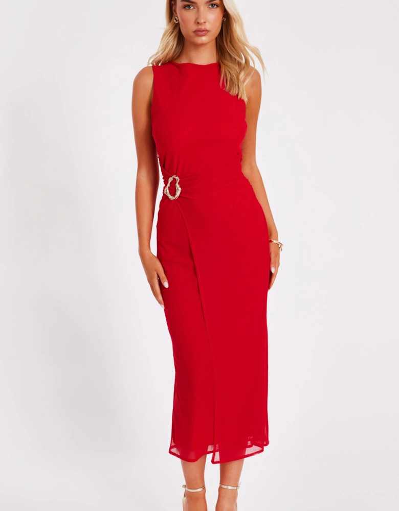 Red Mesh Buckle Midaxi Dress