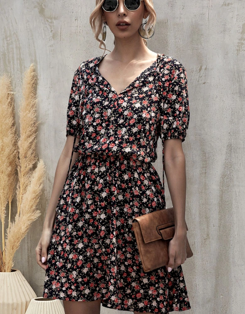 Red Floral Print Summer Dress In Black