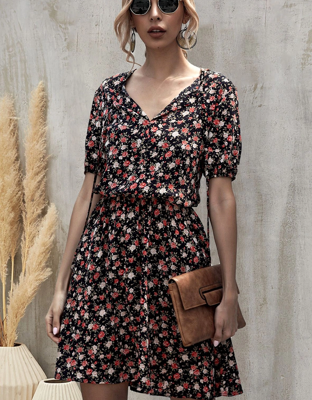 Red Floral Print Summer Dress In Black, 2 of 1
