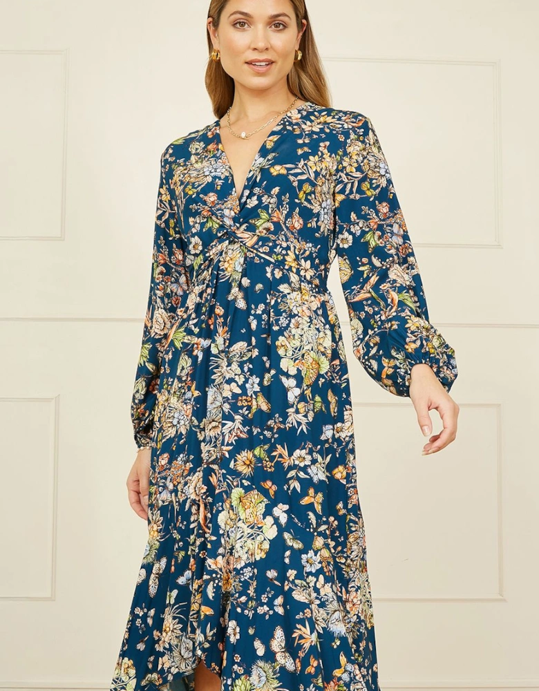 Blue Butterly Floral Tie Knot Front Long Sleeve Midi Dress