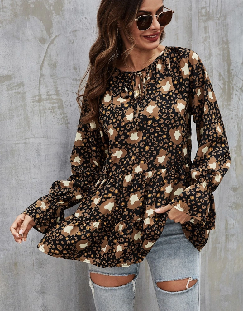 Gold Animal Print Smock Ruffle Top In Black