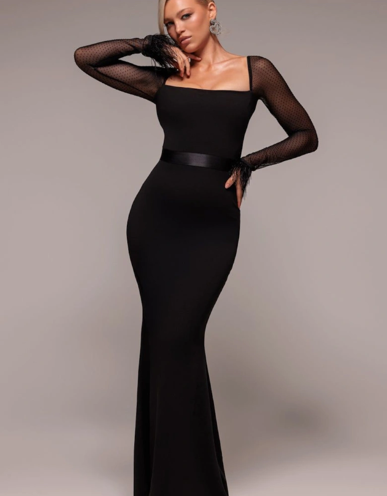 Dobby Mesh Feather Sleeve Evening Maxi Dress