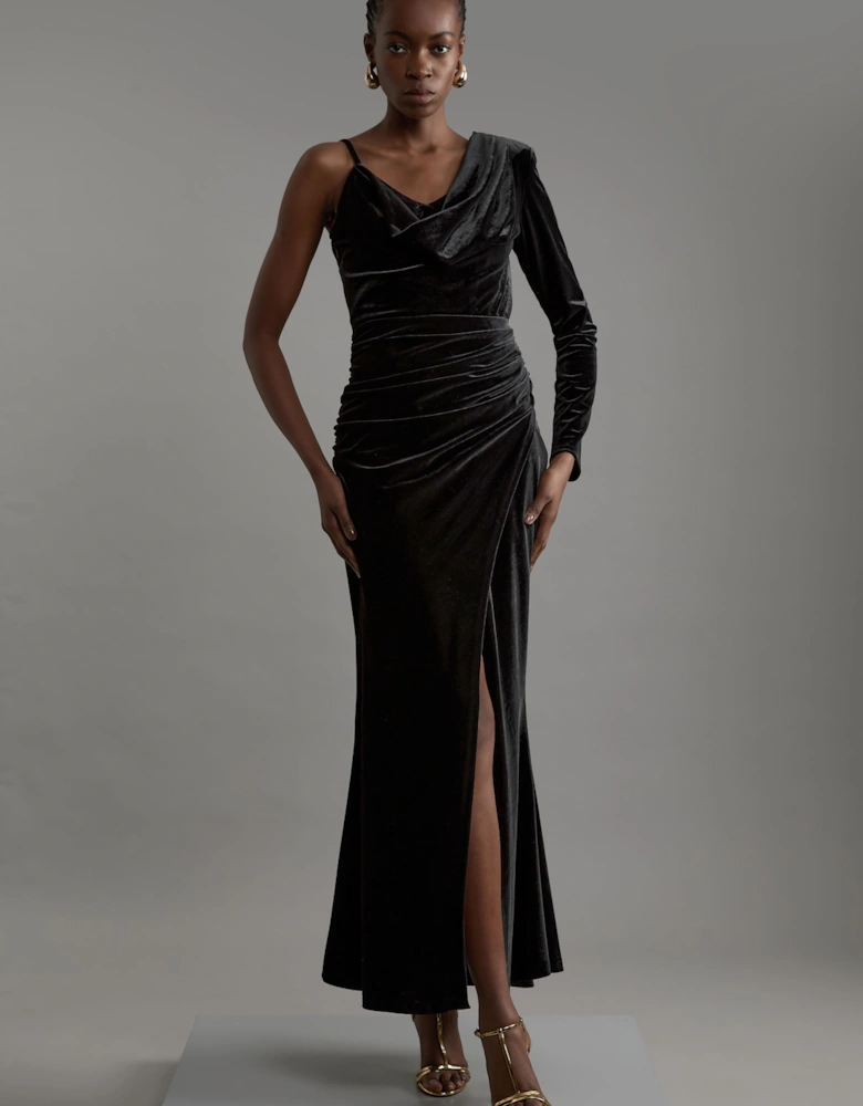 Velvet Asymmetric One Shoulder Tailored Maxi Dress